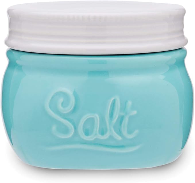 Fox Run Vintage Style Mason Jar Salt Cellar, Blue Ceramic with White Lid, 1 Cup Capacity