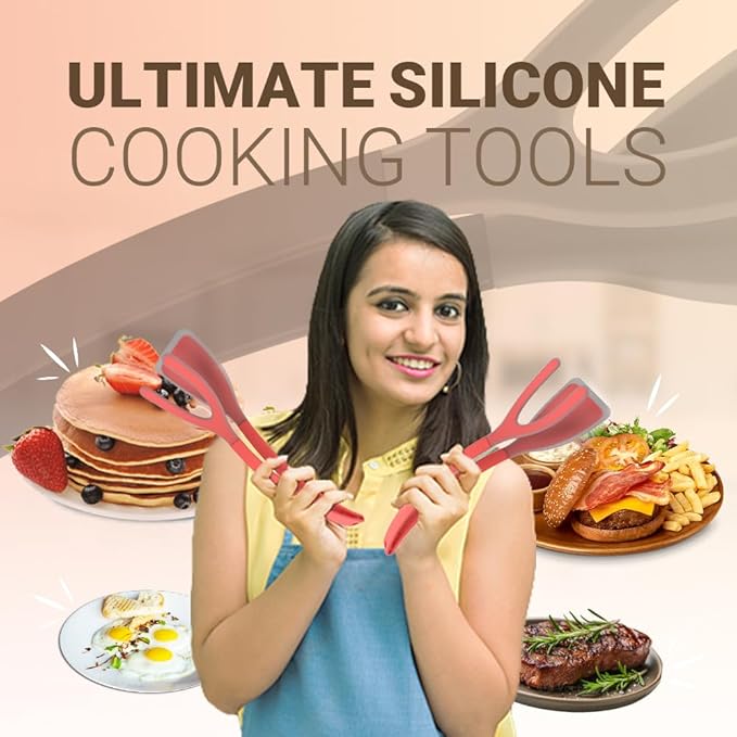 Silicone Egg Flipper Spatula Tongs (Set of 1) – Non-Stick 2-in-1 Grip & Flip Kitchen Tongs for Pancakes, Fish, Eggs, and More – Heat Resistant Cooking Tool (Black) (Red)