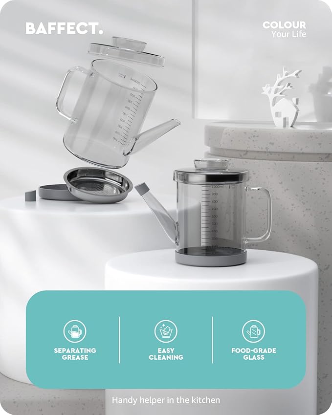 Baffect Glass Fat Separator, Bacon Grease Container with Strainer, Frying Oil Storage Can for Cooking (1L /4 Cups)