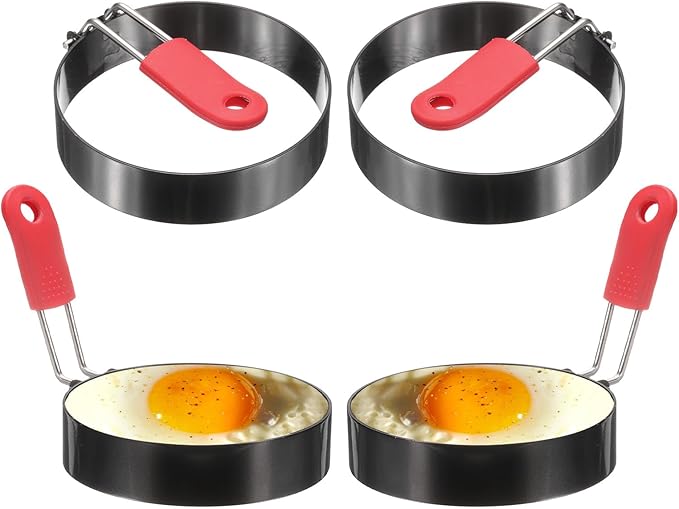 HARFINGTON 4Pcs Egg Rings 3.5" Stainless Steel Nonstick Pancake Cooking Ring with Silicone Handle for Griddle Frying Eggs Sandwich Omelets Breakfast