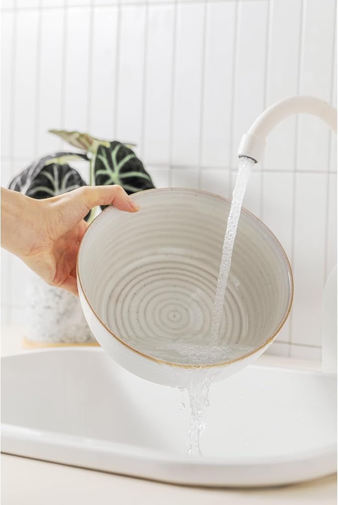 Large Serving Bowls Set of 2, 8 inch & 60 oz Salad Bowl, Bowls for Kitchen, Ceramic Bowl for Salad, Soup, Ramen, Popcorn, Chip, Farmhouse Kitchen Decorative, Vanilla White