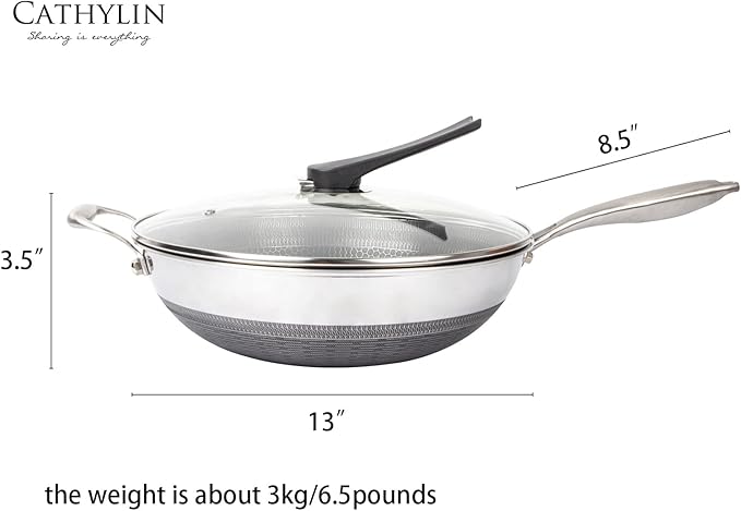13'' 316L Stainless Steel Stir-fry Wok with Lid,Non Stick Skillet with Stay-cool Handle PFOA Free Suitable for Induction, Ceramic, Electric, and Gas Cooktops