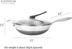 13'' 316L Stainless Steel Stir-fry Wok with Lid,Non Stick Skillet with Stay-cool Handle PFOA Free Suitable for Induction, Ceramic, Electric, and Gas Cooktops