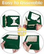 qiqee 10x10x5 Cake Box, 18 Sets Green Cake Box with Window ＆ 18 Sets 10" Gold Cake Round Boards, 10inch Cake Containers