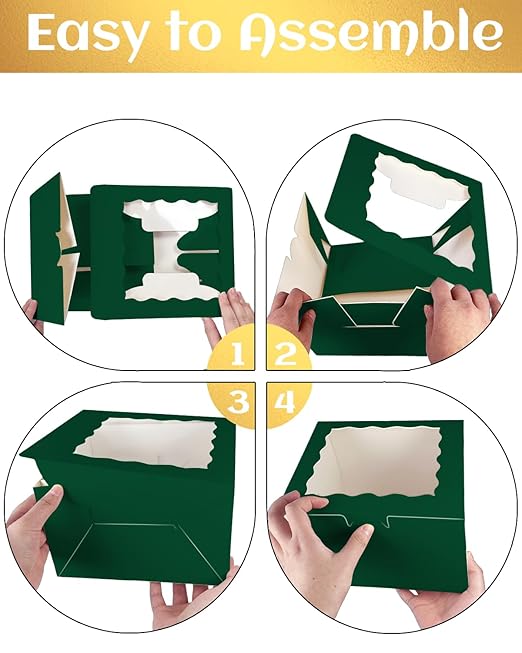 qiqee 10x10x5 Cake Box, 18 Sets Green Cake Box with Window ＆ 18 Sets 10" Gold Cake Round Boards, 10inch Cake Containers