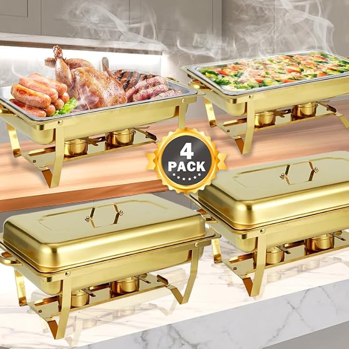 Chafing Dish Buffet Set with Gold Frame, 9 Quart Capacity, 4 Pack, Full Size Chafers