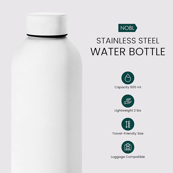 NOBL Stainless Steel Water Bottle,17 oz, 500 ml, Double Wall Vacuum Insulation, Sealed Bottle Keeps Drinks Cold 24 Hrs & Hot 12 Hrs, Leak Proof, Fits Noble Carry-On Cup Holder - White