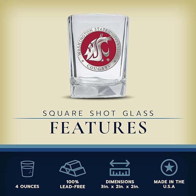 Heritage Pewter Washington State Square Shot Glass | Hand-Sculpted 1.5 Ounce Shot Glass | Intricately Crafted Metal Pewter Alma Mater Inlay