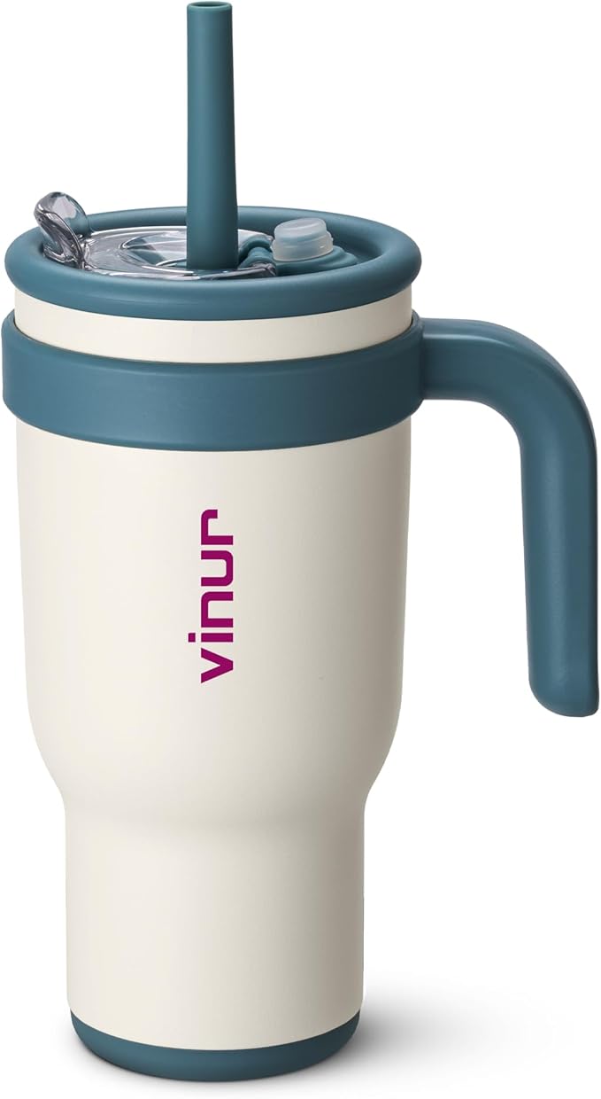 VINUR 30 oz Tumbler with Handle and Straw Lid-Reusable Stainless Steel Insulated Tumbler Cup for Water Coffee, Leakproof Travel Mug with Rubber Base(Cream)