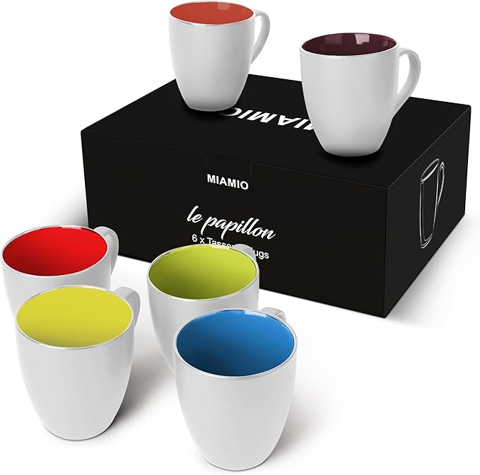 MIAMIO - Set of 6 Stoneware Coffee Mugs 12 Ounce/Cup Set - Le Papillon Collection (White-Colourful)