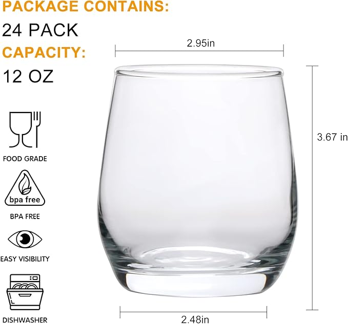 Wine Glasses,12oz Stemless Wine Glass,for Red or White Wine,High-end Banquet, Party, Bar, Wedding, Gift (24 pcs)