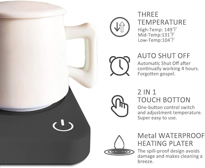 VOBAGA Coffee Mug Warmer, 4 Hours Auto Shut Off Cup Warmer for Office Home Desk Use with 3 Temperature Settings, Electric Beverage Warmer for Cocoa,Tea, Milk, Soup, Gift (No Cup)