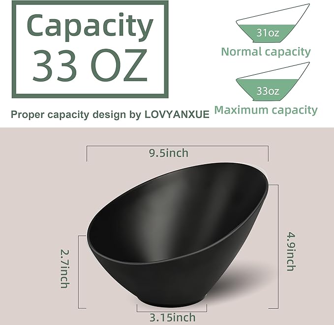 Bamboo Fiber Salad Bowls, 4 Packs Compostable 33 Ounce Elegant Black Angled Bowls for Salad, Pasta, Soup, Prep, Ideal for Home and Restaurant (Black, 9.5Inch)