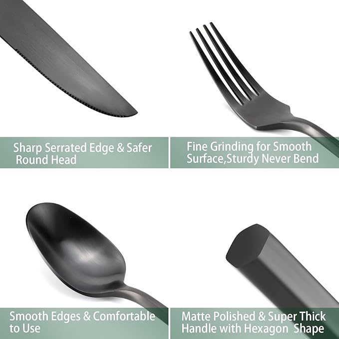 DEACORY Silverware Set Flatware Set Matte Black Cutlery Set Brushed Finished Hexagon Handle Heavy Stainless Steel 40 Pieces Dishwasher Safe Service for 8