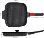 Griddle Pan with Lid, 10 Inch Cast Aluminium Non Stick Grill Pan with Detachable Handle for Induction Hob, Black
