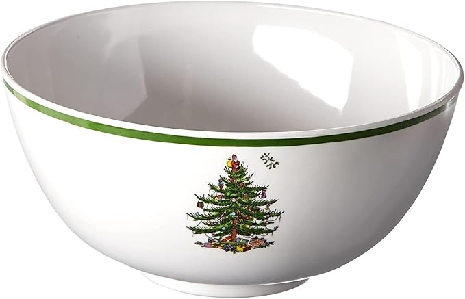 Spode Christmas Tree Melamine Deep Bowl - Large 11-Inch Round Serving Bowl for Salad, Pasta, Side Dishes - Festive Holiday Tableware - Shatterproof, Indoor/Outdoor Use, Dishwasher Safe
