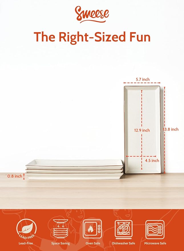 Sweese Rectangular Porcelain Platters, Vanilla White with Brown Trim, Serving Trays for Parties, 13.8 Inch Large Serving Dishes for Steak, Taco, Sushi, Appetizer - Dishwasher & Oven Safe - Set of 4