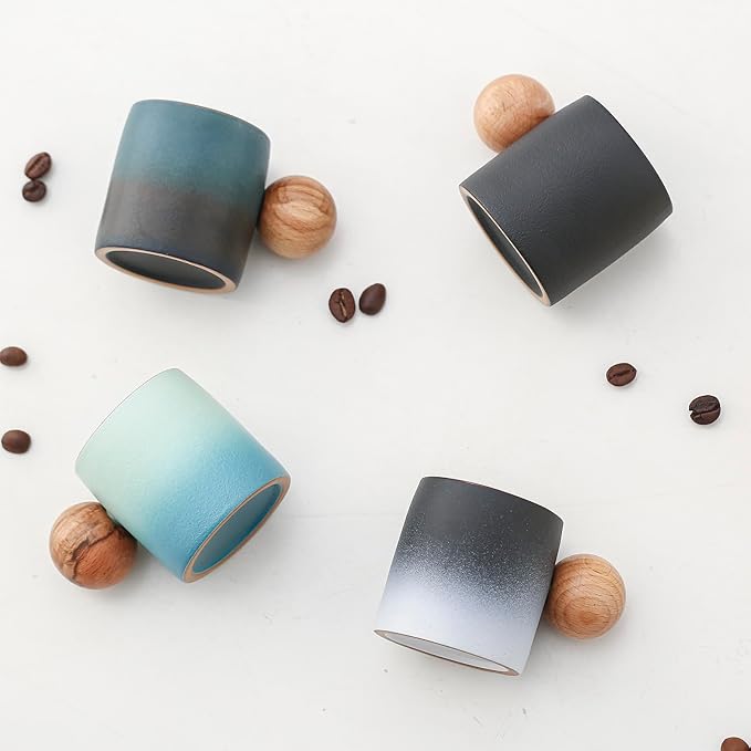 2-Oz Ceramic Espresso Cups with Wood Handle, 2/4-Piece Set for Coffee, Tea, Latte - Dishwasher Safe, Multi-Color & Wood Styles, Gift & Café Use (blue black, Round handle4)