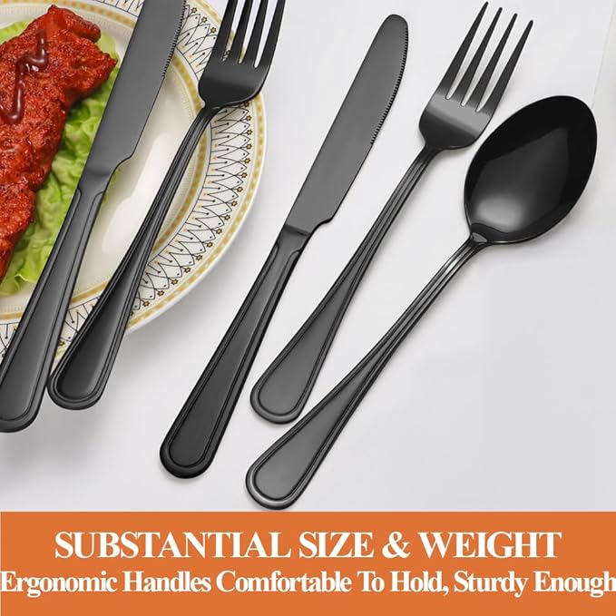 40 Pcs Black Silverware Set for 8 with Simple Striped Handle Design, Food Grade Stainless Steel Flatware Set, Eating Utensils Sets Include Fork/Knife/Spoon, Cutlery Set, Dishwasher Safe