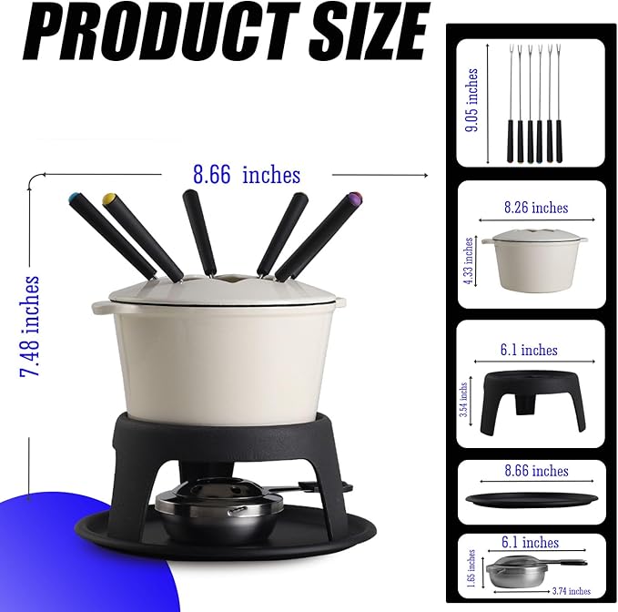 Artestia Cast Iron Fondue Pot Set for Chocolate Cheese Swiss Fondue Set for Meat with 6 Fondue Forks, Cheese Camping Fondue Set Serve 6 Persons(White)