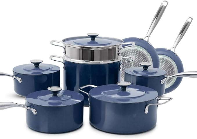 Nuwave Lux 13-Piece Premium Cookware Collection, Healthy G10 Duralon Blue Ceramic Nonstick, Ultra Durable, PFAS-Free, Lightweight & Works on All Cooktops