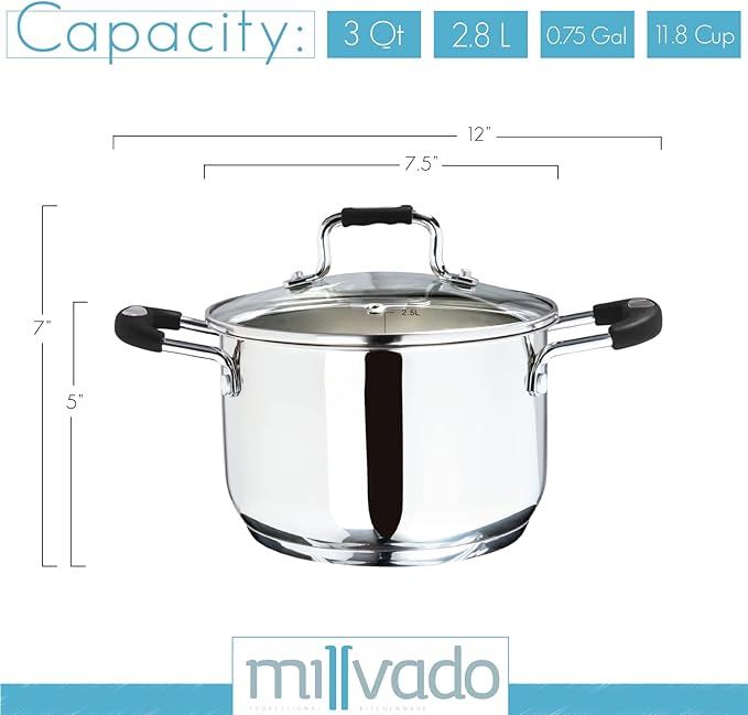 Stock Pot, 3 Quart Stainless Steel Pot, StockPot With Clear Glass Lid, Steam Hole, Permanent Measurement Markings, Gas, Electric and Induction Compatible Boiling Pot
