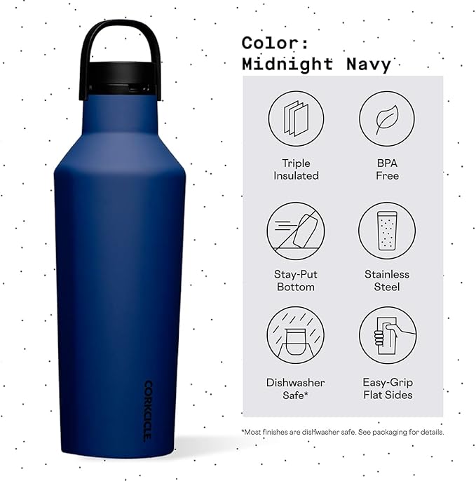 Corkcicle Sport Canteen - Keeps Drinks Cold 25 Hours - Stainless Steel Water Bottle - Triple-Insulated - Spill-Proof - Summer Drinkware Gift - Keeps Drinks Ice Cold - 32 oz - Midnight Navy