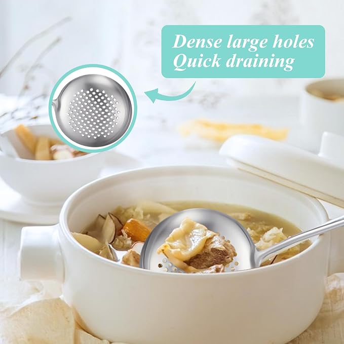 Slotted Spoon, Stainless Steel Strainer Metal Skimmer Spoon for Cooking, Long Handle Food Strainer, Kitchen Utensil Large Fryer Scoop Spoon with Holes for Draining Stirring Serving Frying