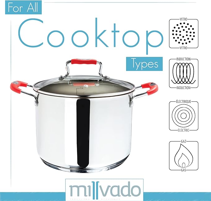 Stock Pot, 8.4 Quart Stainless Steel, Large StockPot With Clear Glass Lid, Steam Hole, Permanent Measurement Markings, Gas, Electric and Induction Compatible Boiling Pot