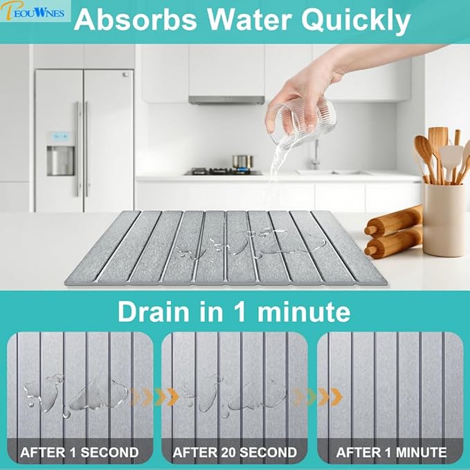 Large Gray Diatomaceous Stone Drying Mat for Kitchen Counter, Quick Dry Collapsible Drying Mat , Absorbent Bath Mat for Kitchen Dishes Cups Bottles Bathroom Any Countertop, 24 In x 16 In