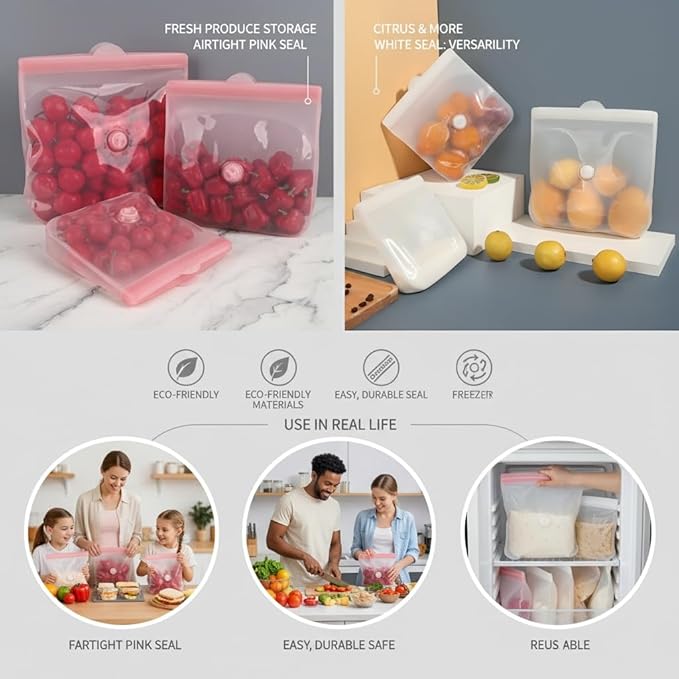 Reusable Silicone Food Storage Bags – Premium Eco-Friendly Multi-Size Set (650ml/1300ml/2000ml), Leakproof, BPA-Free, Freezer & Microwave Safe, Dishwasher Friendly (White(Clear))