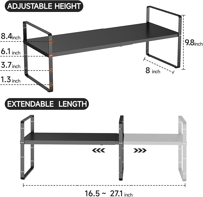 16.5-27’’L Expandable Cabinet Shelf Organizers, Stackable Metal Shelves Extender for Kitchen Countertop Storage, Adjustable Spices Shelves Rack Stand for Cupboard Pantry, Black