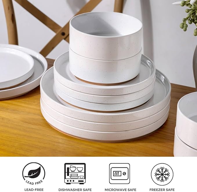 AmorArc Ceramic Dinnerware Set for 4 | Speckled Stoneware Plates and Bowls with unglazed terracotta | Scratch Resistant, Dishwasher & Microwave Safe Dishes Sets- 12-Pcs Milk White
