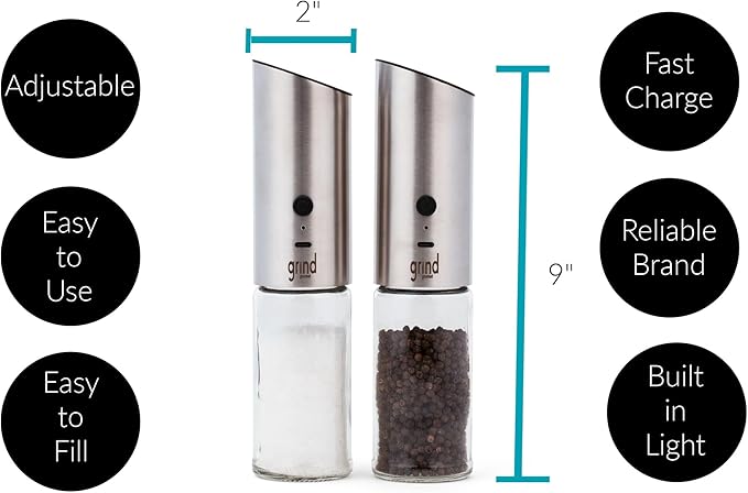 Grind Gourmet Electric Salt and Pepper Grinder Set, USB Rechargeable, Adjustable Coarseness, One-Handed Operation, Stainless Steel and Glass