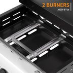 2 Burner BBQ Gas Griddle with Hood, 17.3 Inch Stainless Steel Portable Detachable Propane Griddle, 30,000 BTU Flat Top Barbecue Grill with Side Shelves for Camping