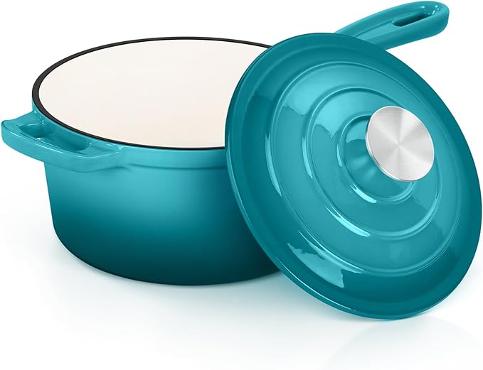 E-far Enameled Cast Iron Sauce Pan with Lid, 1 Quart Dutch Oven Saucepan, Mini Sauce Pot for Cooking, Boiling, Healthy & Non Toxic, Induction & Oven Safe, Green