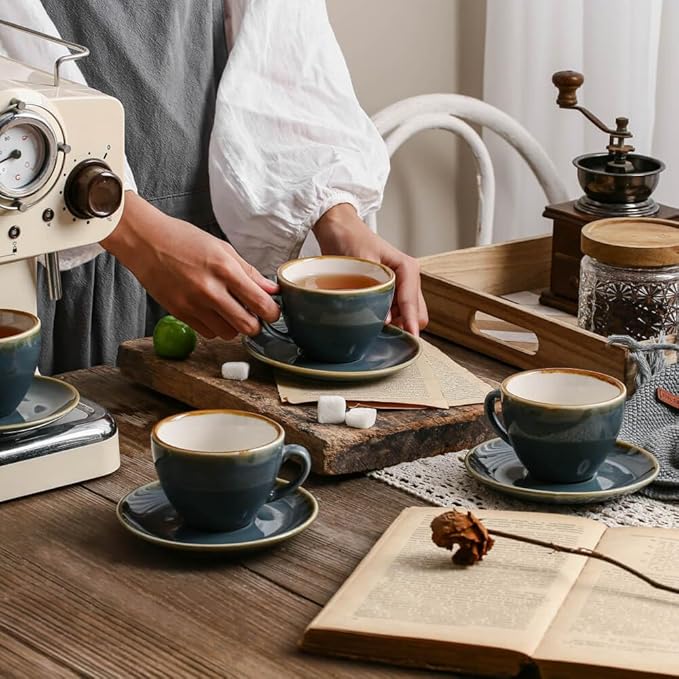 SHUER Ceramic Cappuccino Cup Set of 4, 11.2 OZ Cups and Saucers Set,Coffee Mocha Cup Sets,Black Coffee Cups and Glaze Americano Mug Great for Party and Low Tea Time (Blue 320ml)