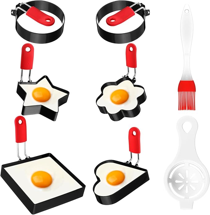 Nonstick Egg Rings Set with Silicone Handle, 6 Pcs Stainless Steel Egg Cooking Rings for Breakfast, Sandwich, Muffins with Oil Brush, Separator, 5 Shapes