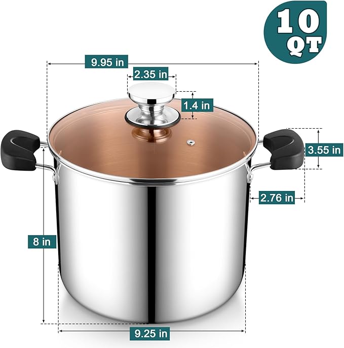 P&P CHEF Stainless Steel 3-Ply Sock Pot with Lid, Stockpot for Cooking Pasta & Stewing Soup, Fits Multi Stoves, Heat-proof Handle & Clear Lid, Heavy Duty & Dishwasher Safe, 10 Quarts