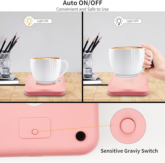 USB Coffee Mug Warmer: Candle Wax Warmer Smart Electric Cup Warmer Charge for Phone Home Desk Office Use Beverage Heating Plate with Gravity Switch for Hot Cocoa Milk Tea Water Pink