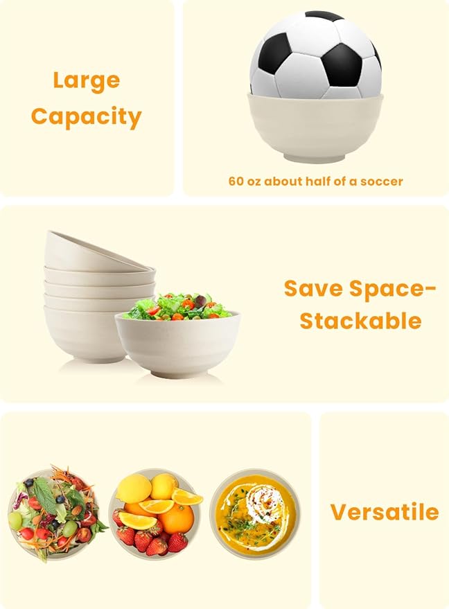 Homienly Unbreakable Large Salad Bowls Set of 6, 60oz Large Wheat Straw Bowls for Cereal, Salad & Pho, Ideal for RV & Camping, Microwave Safe Alternative to Plastic Bowls - Beige