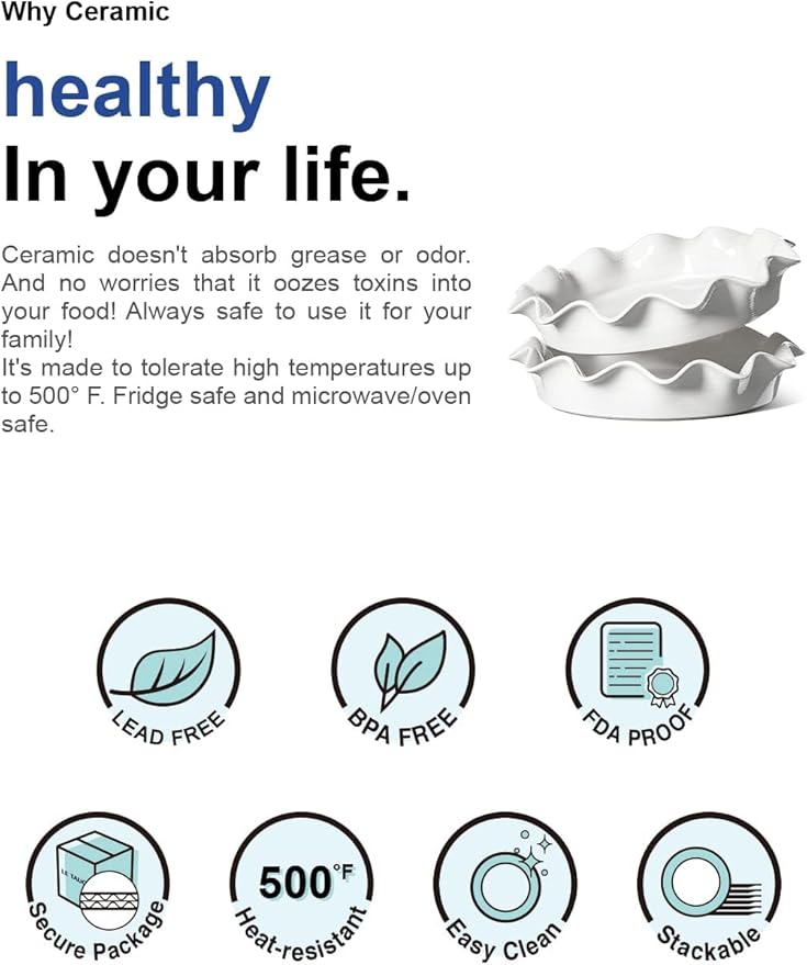 LE TAUCI Ceramic Pie Pans for Baking, 11 Inches Deep Dish Pie Plate for Apple Pie, Pot Pie, 48 Ounce Baking Dish with Ruffled Edge, Set of 2, White