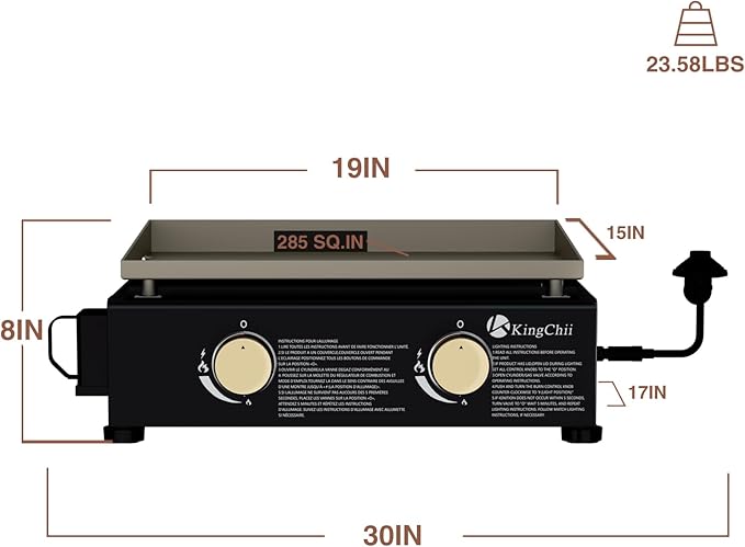 KingChii 19" Tabletop 2-Burner Griddle Portable Gas Grill with Rear Grease Trap, Powder Coated Steel, Black