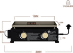 KingChii 19" Tabletop 2-Burner Griddle Portable Gas Grill with Rear Grease Trap, Powder Coated Steel, Black