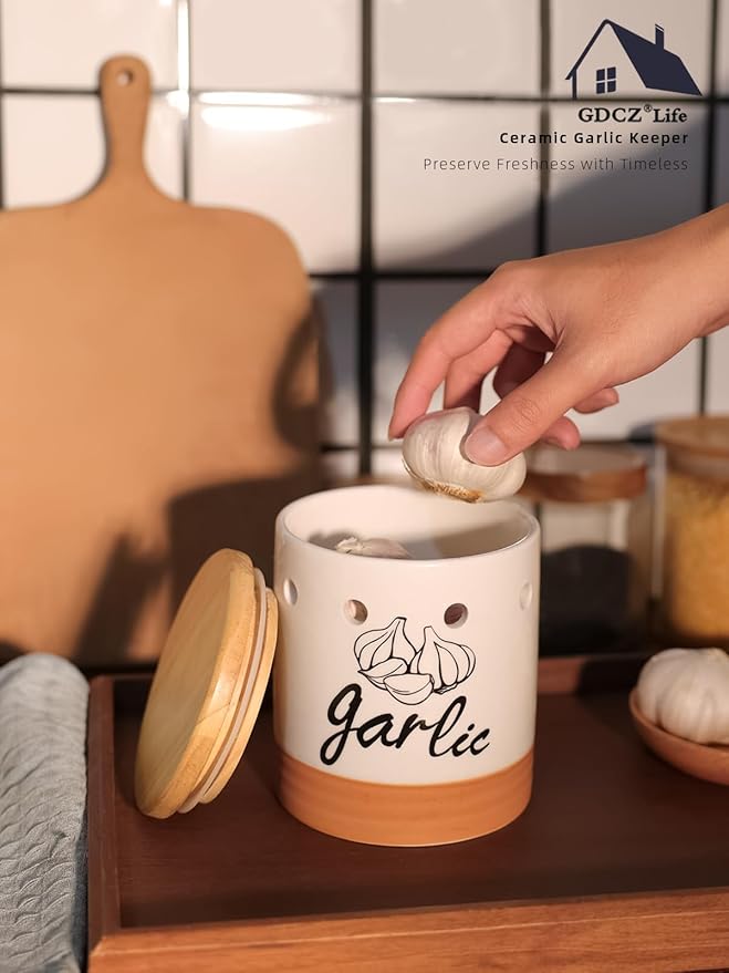 Large Garlic Keeper with Wood Lid, Ceramic Garlic Container for Counter,Garlic Saver to Keep Your Garlic Cloves Fresh Longer, 31 oz White/Brown