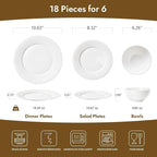 KINGSTONE Bone China Dinnerware Set, 18-Piece White Lightweight Porcelain for 6, Plates and Bowls with Rhombus patterned edge design, Microwave and Dishwasher Safe, for Family, Restaurant, Gifting