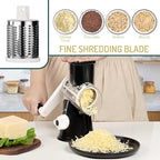 Rotary Cheese Grater with Handle Vegetable Shredder Round Kitchen Slicer Mandoline Grater for Vegetable, Nuts, Chocolate, Chesse, White, 3 Stainless Steel Blades