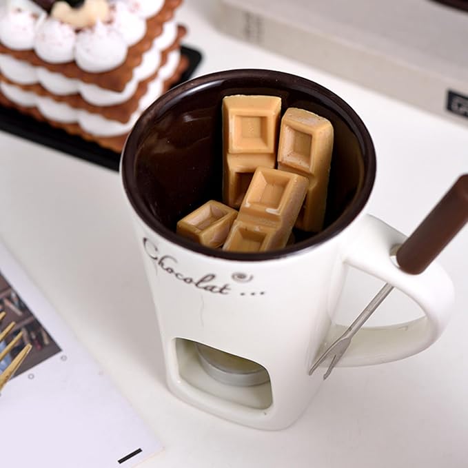 Ceramic Fondue Pot Set, Chocolate Mug With Forks, Perfect For Butter And Cheese Melting,Multipurpose,Personal Cheese Melting Cup