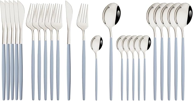JASHII Flatware Set 24 Piece, Stainless Steel Silverware Set, Macaron Small Fresh Color Cutlery Set, Modern Elegant Tableware Set for Party, Christmas, Dinner (Haze Blue Silver)