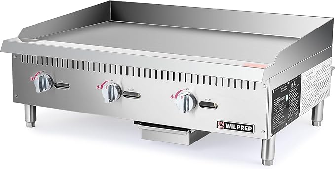 WILPREP Commercial Gas Griddle, 36 in. Gas Countertop Griddle with 3 30000 BTU U-Shaped Burners, NG LPG Compatible Flat Top Grill Hot Plate with Independent Knob Controls for Home Commercial Kitchen